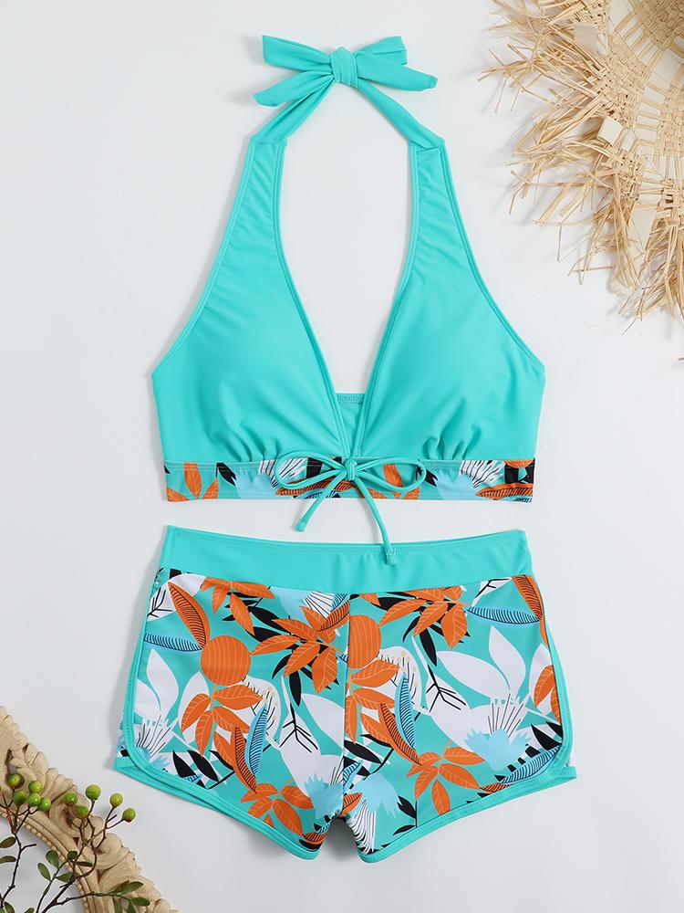 2026 Halter Bikini Set Short Swimsuit Women High Waist Swimwear Female Printed Bathers Swimming