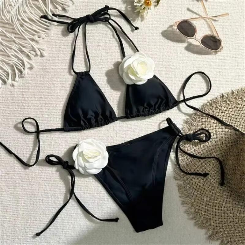 Sexy Flower Bandeau Swimwear Thong Bikini Women Lace-up Swimsuits Swimming Bathing Suit Brazilian