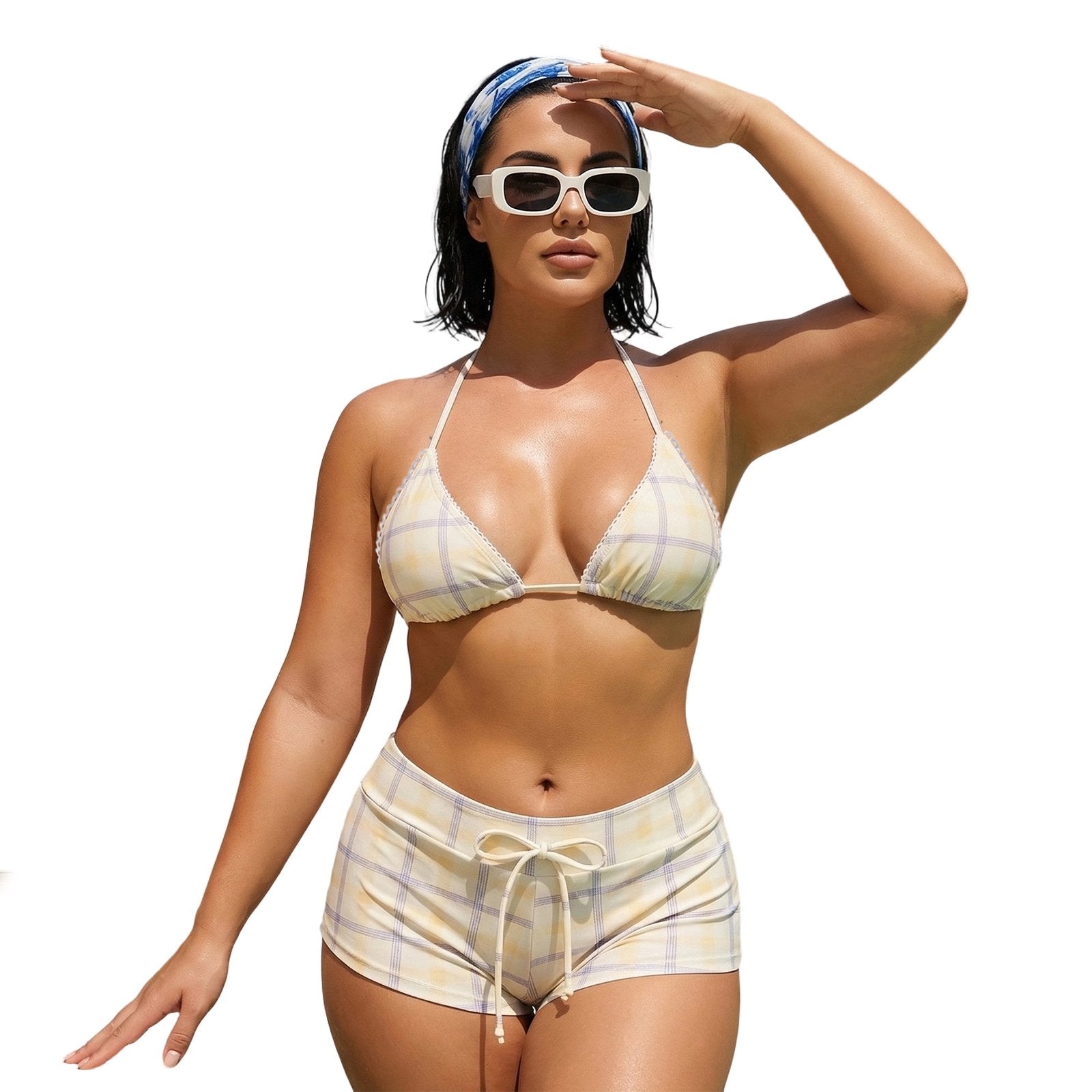Women Halter Neck Triangle Bikini Sets Vintage 90s Aesthetic Bathing Suits Summer Boy Shorts