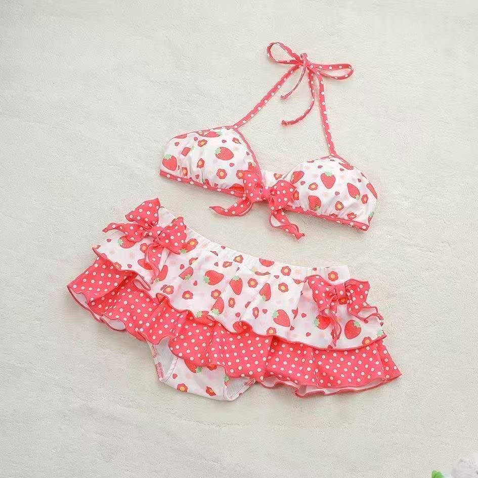 Japanese Style Kawaii Girls Swimsuit Sweet Printed Halter Bikini Swimsuit Women Ruffle Bikini Set