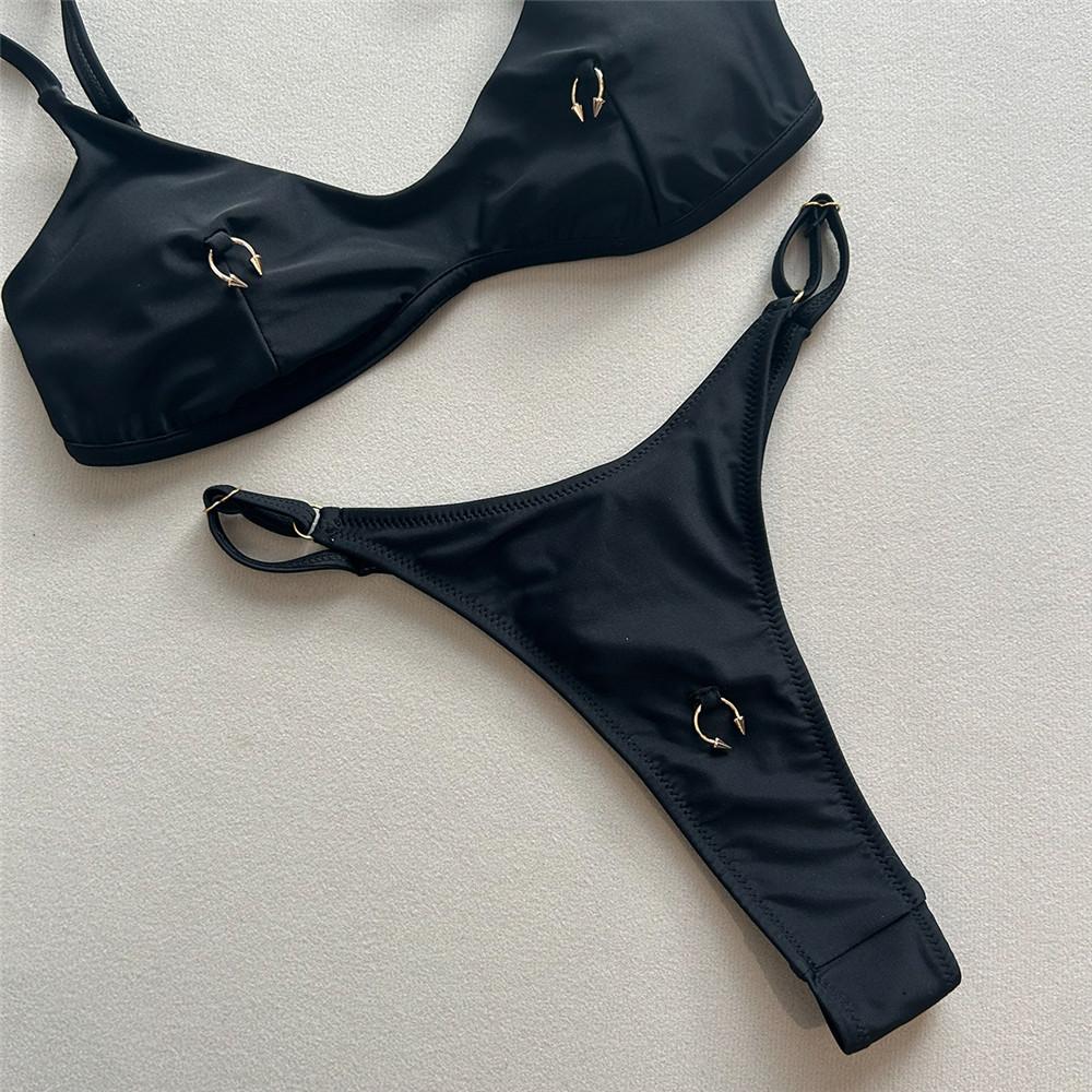 Sexy Solid Black Triangle Micro Bikini Thong Set Swimsuit Women 2026 Metal Ring Ladies Swimwear