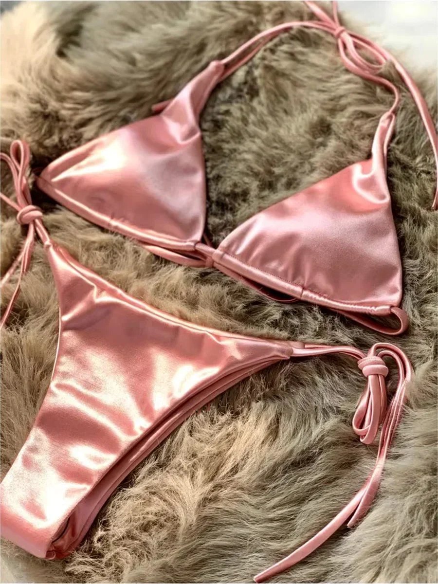Halter Brazilian Metallic Satin Bikini Women Swimwear Female Swimsuit Two-pieces Bikini Set High Cut