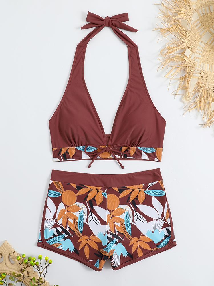 2026 Halter Bikini Set Short Swimsuit Women High Waist Swimwear Female Printed Bathers Swimming