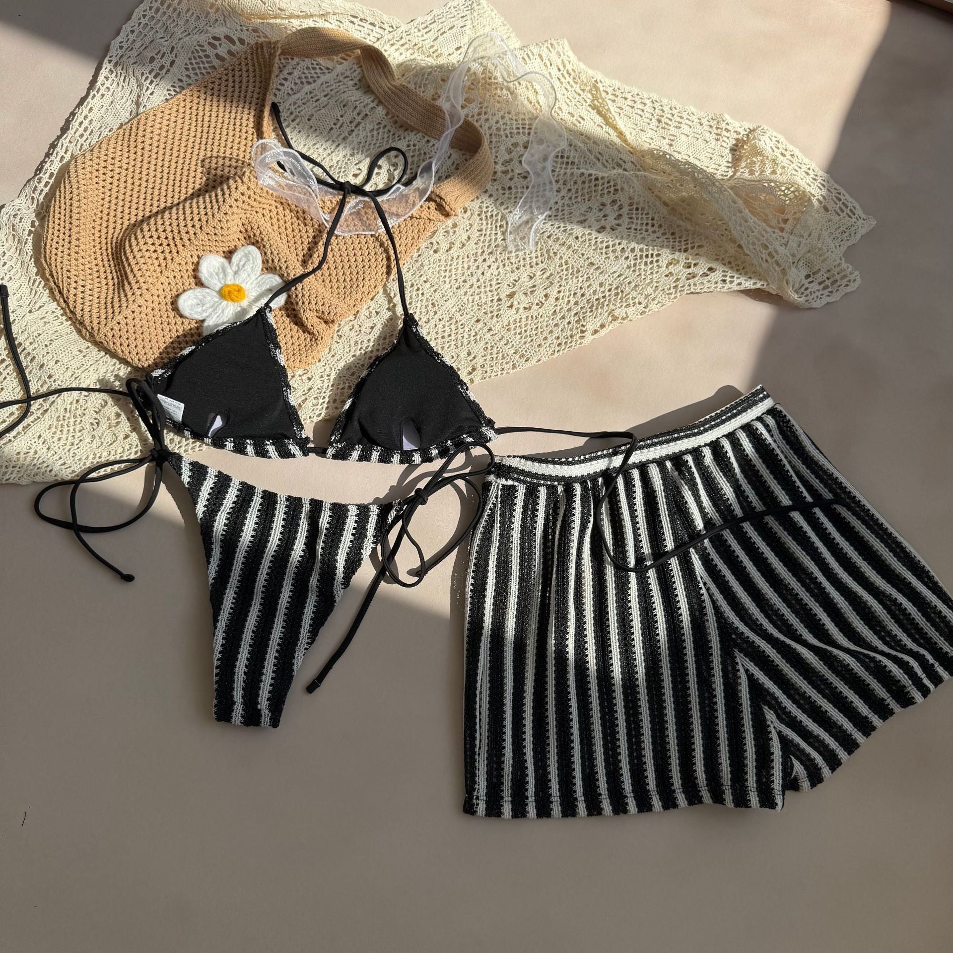 Sexy Green Orange Striped Bikini Set Women Halter Push Up High Waist Panties 3 Piece Swimsuit 2026