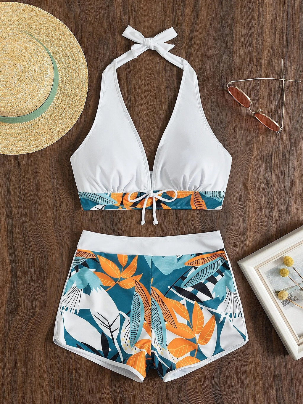 2026 Halter Bikini Set Short Swimsuit Women High Waist Swimwear Female Printed Bathers Swimming