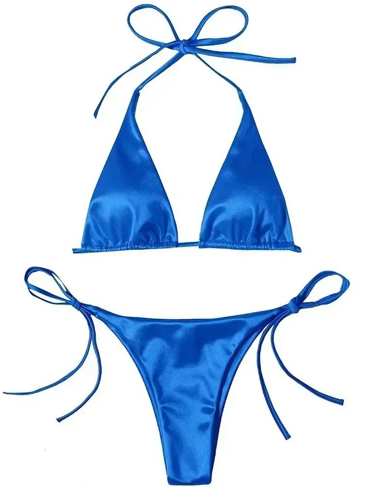 Halter Brazilian Metallic Satin Bikini Women Swimwear Female Swimsuit Two-pieces Bikini Set High Cut