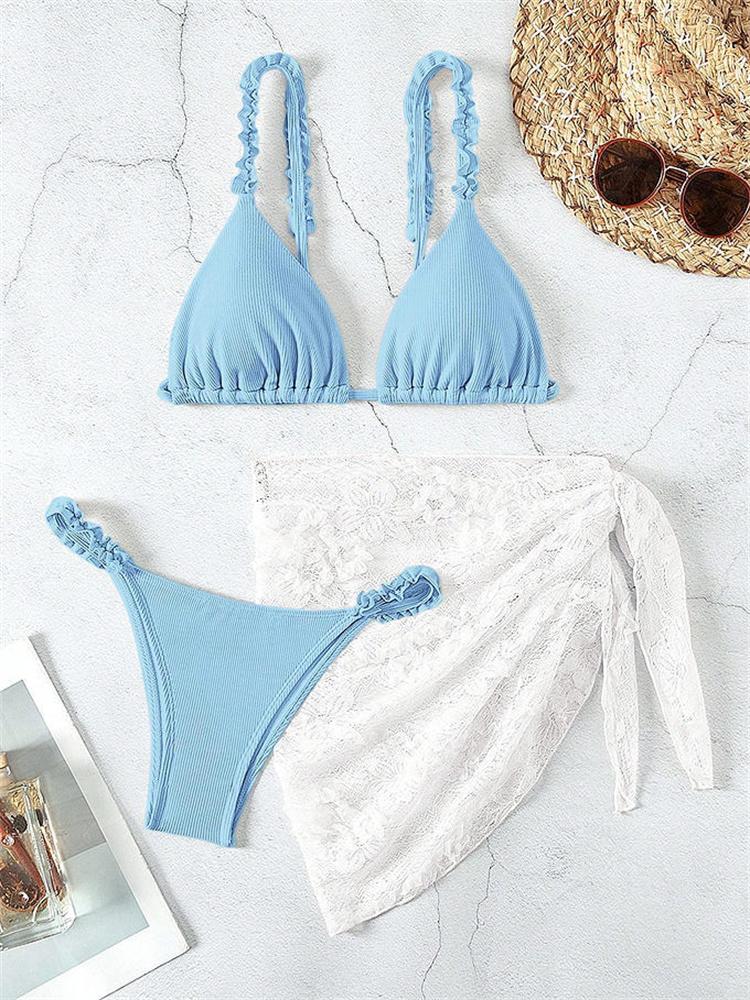 Sexy Pink Mesh Skirt 3 Piece Bikini Set 2026 Women Ruffles Pleate Push Up Thong Swimsuit Beach