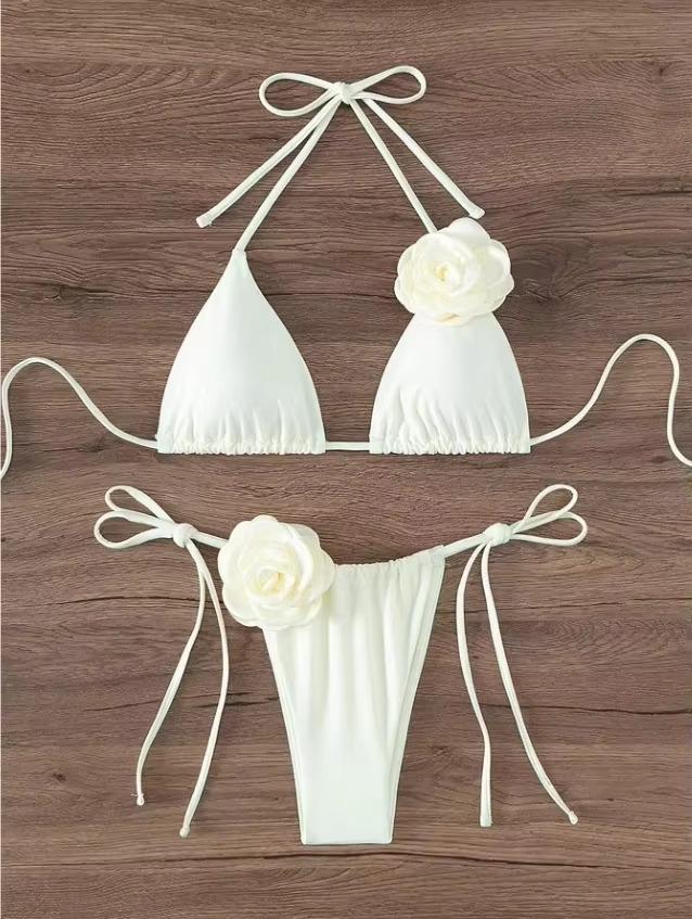 S - L Sexy 3D Flowers Halter Strappy Bikini Women Swimwear Female Swimsuit Two-pieces Bikini Set