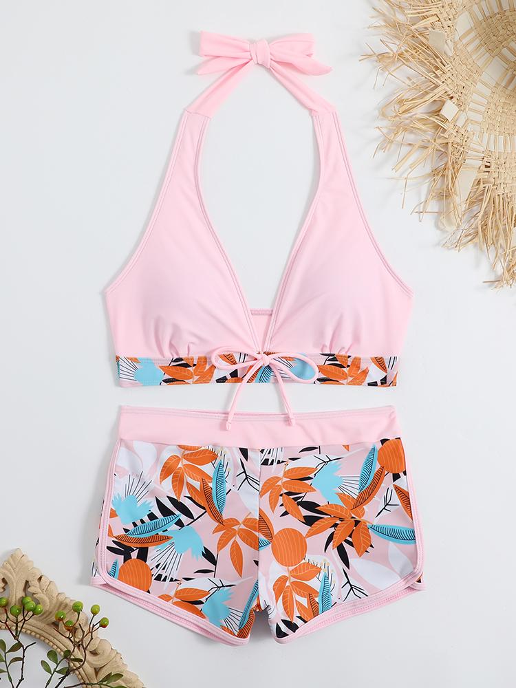 2026 Halter Bikini Set Short Swimsuit Women High Waist Swimwear Female Printed Bathers Swimming
