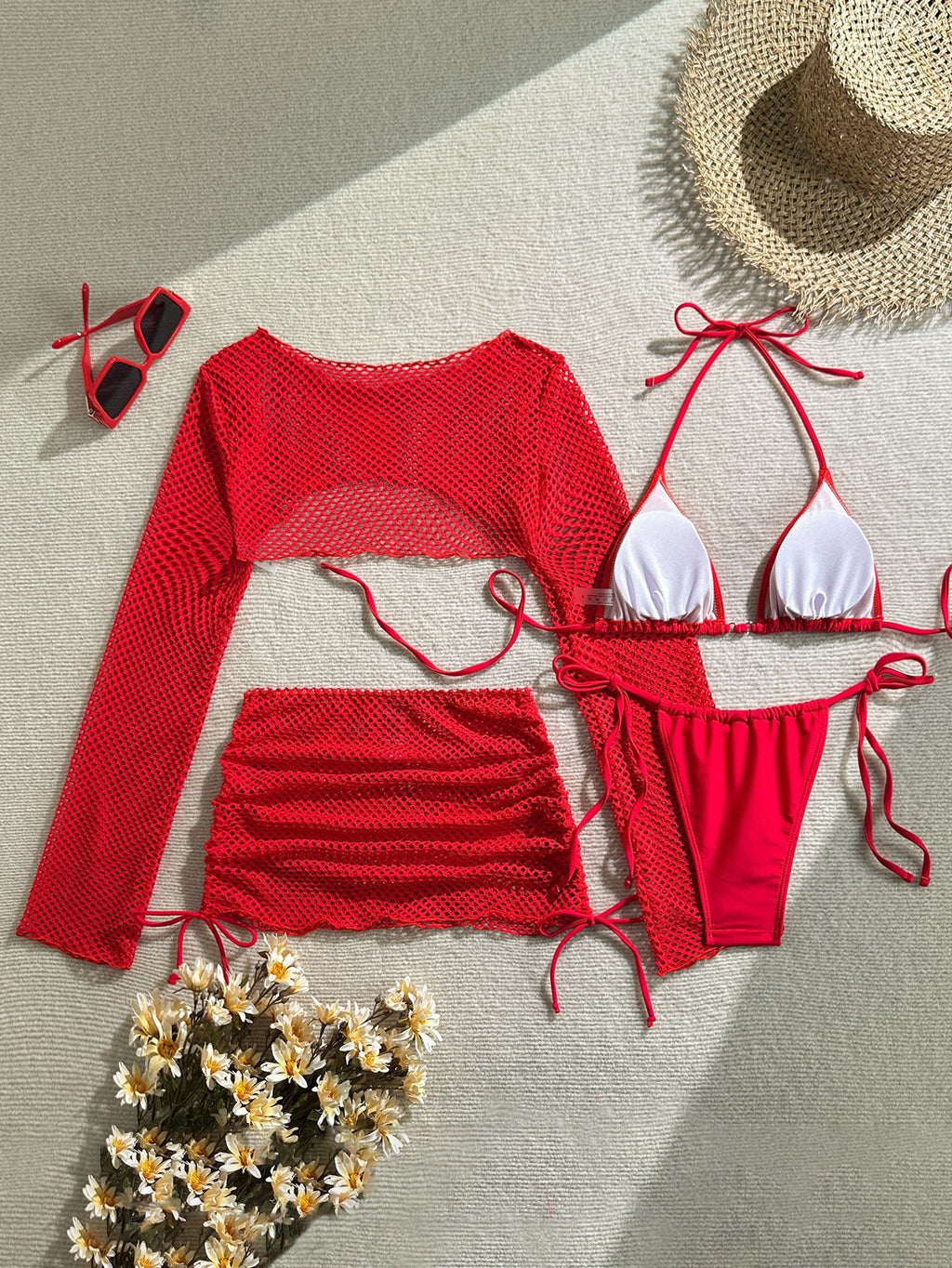 Red 4 Piece Bikini Set 2026 Women Long Sleeve Cover Up Drawstring Skirt 4 Piece Swimsuit Beach