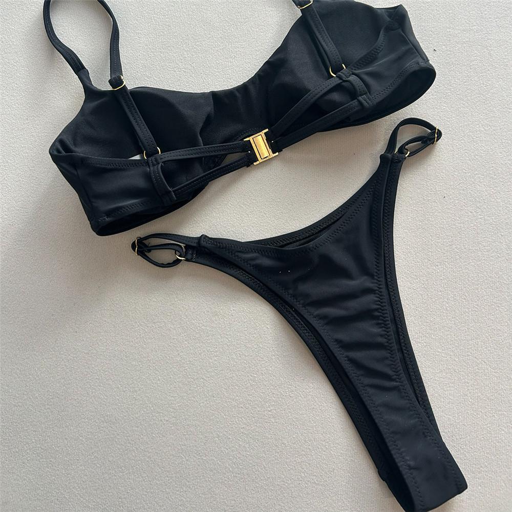 Sexy Solid Black Triangle Micro Bikini Thong Set Swimsuit Women 2026 Metal Ring Ladies Swimwear