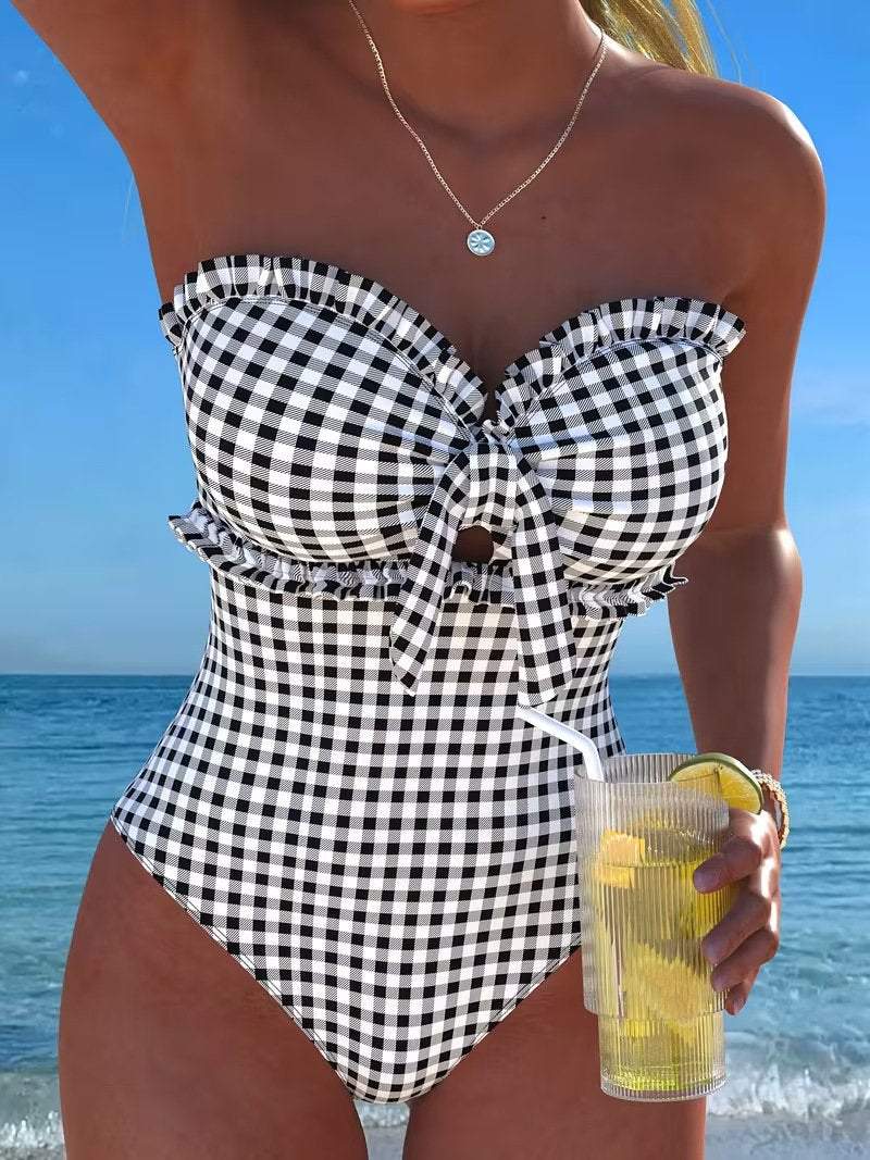2026 Strappy Swimsuit One Piece Sexy Striped Ruffle Swimwear Women Bathers Bathing Swimming Swim