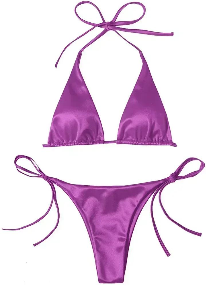 Halter Brazilian Metallic Satin Bikini Women Swimwear Female Swimsuit Two-pieces Bikini Set High Cut