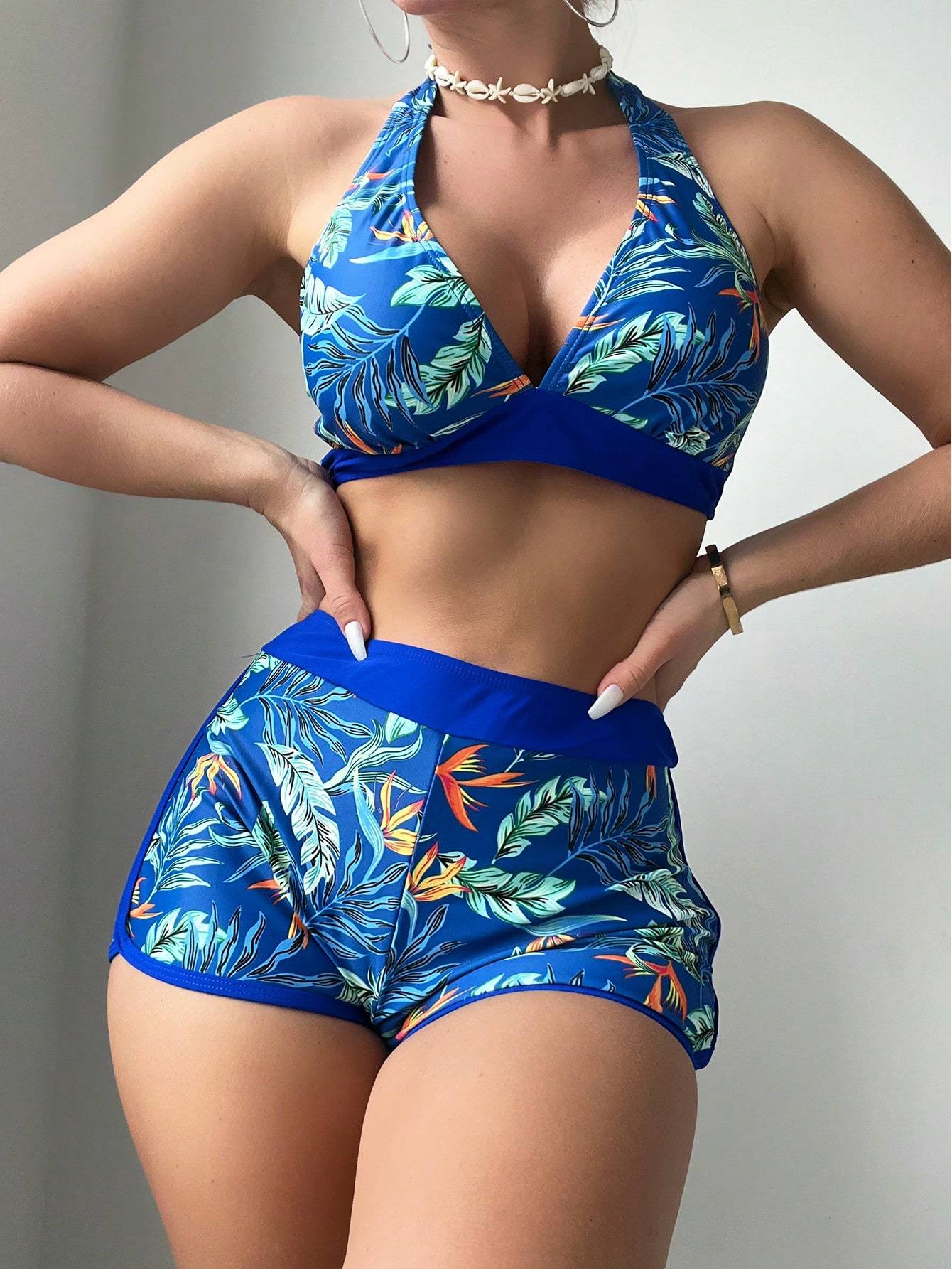 2026 Halter Bikini Set Short Swimsuit Women High Waist Swimwear Female Printed Bathers Swimming