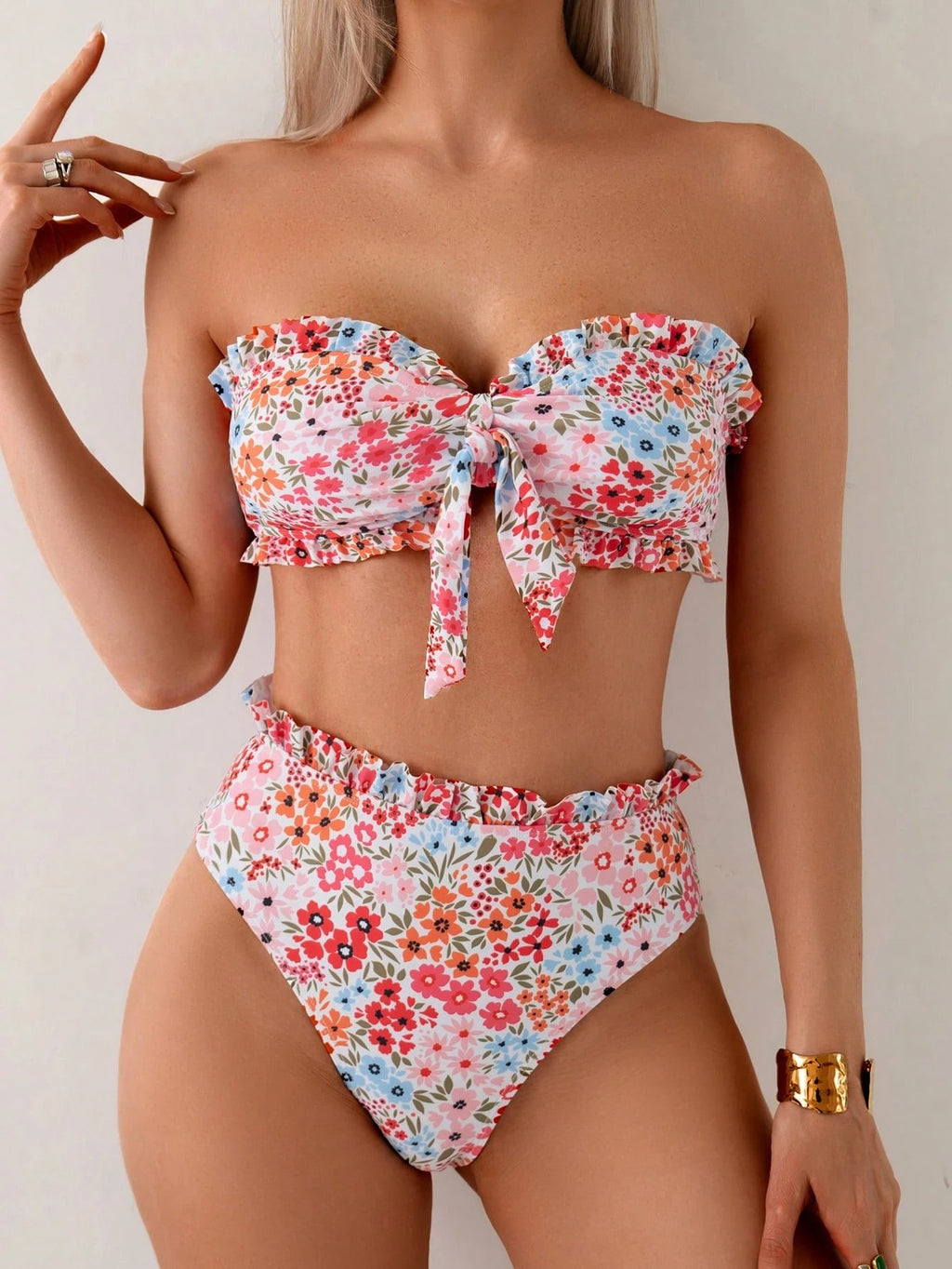 Bowknot Ruffle Swimsuit Women Bandeau Bikini 2026 High Wasit Swimwear Female Bathing Swimming Swim