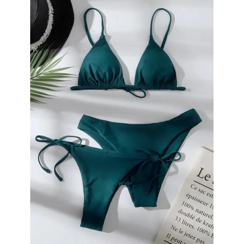 Sexy 3 Piece Bikini Set Women Solid Blue Purple Push Up Bandage Triangle Swimsuit Brazilian Beach