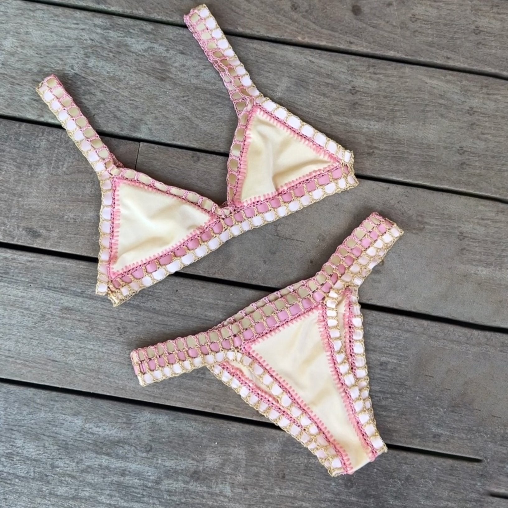 Pink Crochet Bikini 2026 Sexy Women Swimsuit Female Swimwear Micro Bikini Set Bandeau Swimming Suit