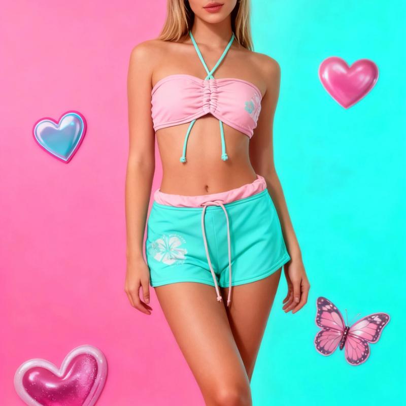 Women's Y2K Flower Printed Bikini Set Harajuku Hot Girl Sweet Style Cute Swimsuit 2026 Summer Beach