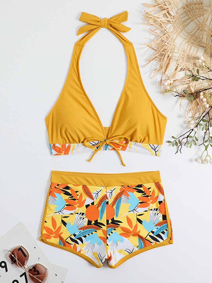 2026 Halter Bikini Set Short Swimsuit Women High Waist Swimwear Female Printed Bathers Swimming