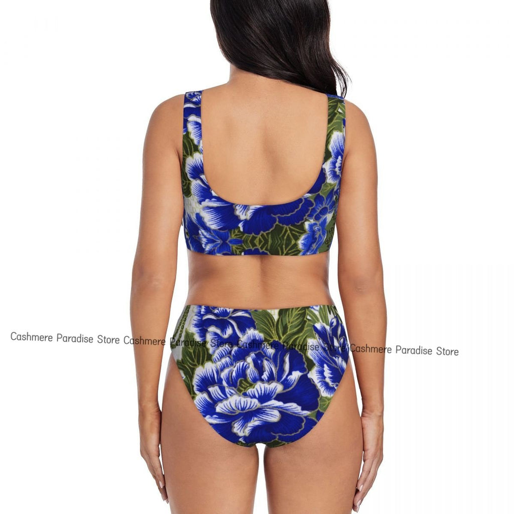 Chinese Flowers Pattern Women Bikini Set Swimsuit Push Up Female Swimwear Bathing Suit