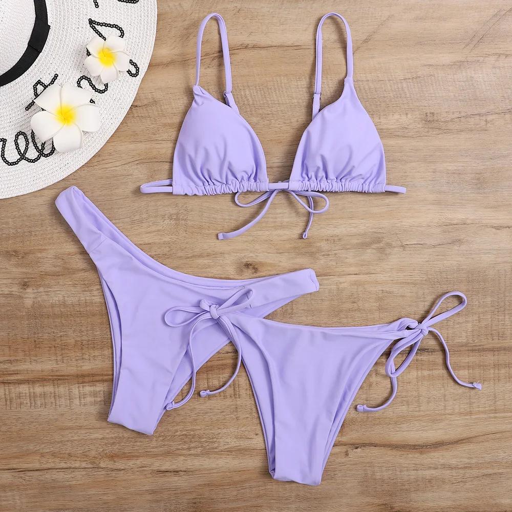 Sexy 3 Piece Bikini Set Women Solid Blue Purple Push Up Bandage Triangle Swimsuit Brazilian Beach
