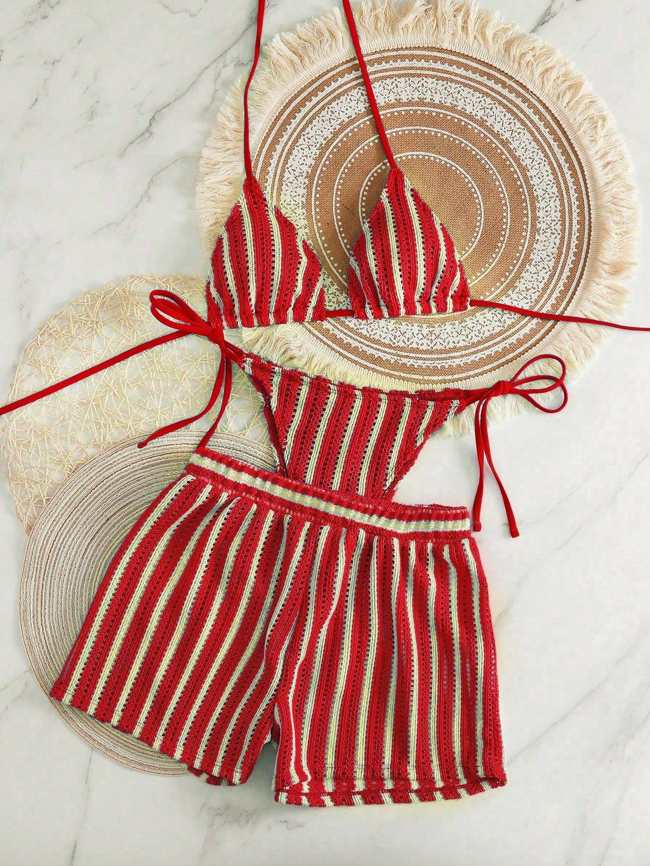 Sexy Green Orange Striped Bikini Set Women Halter Push Up High Waist Panties 3 Piece Swimsuit 2026