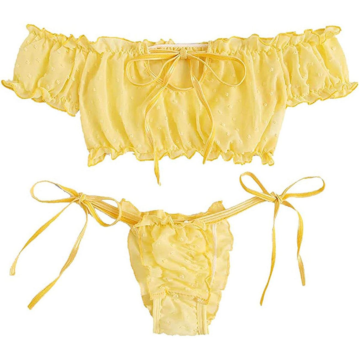 2PCS Off Shoulder Lace Up Bikini Set Women Sweet Casual Short Sleeve Swimsuits Beachwear Bathing