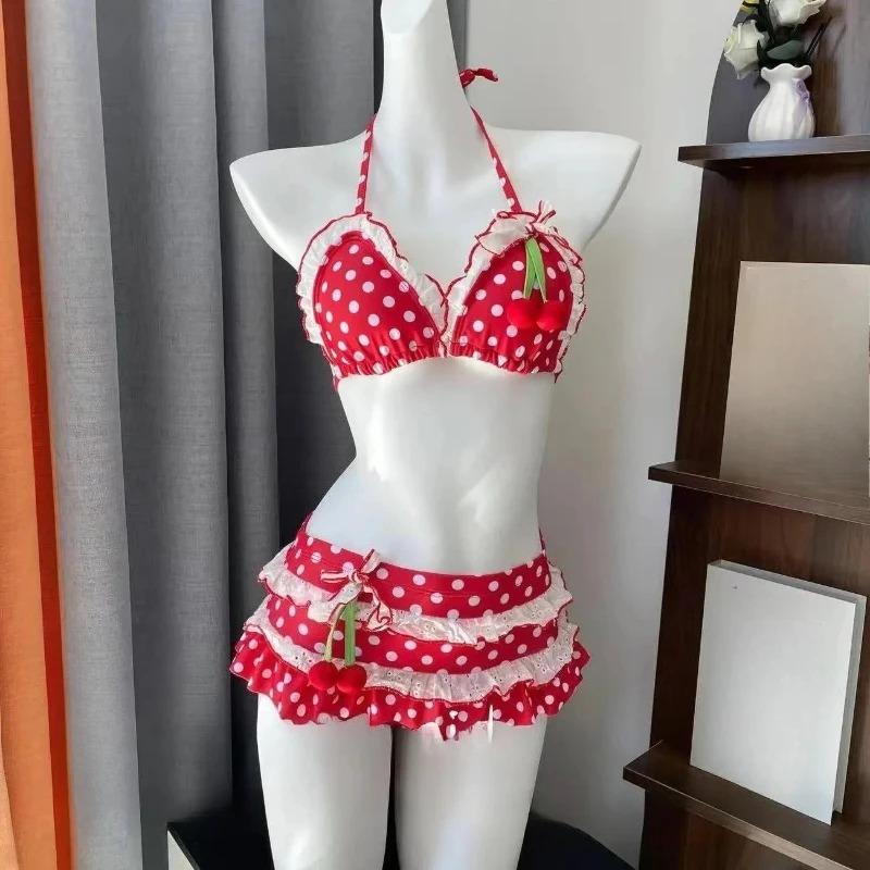 Y2k Sweet Cherry Patchwork Bikini Set Women Sexy Beach Style Polka Dot Print Vacation Pool Party Hot