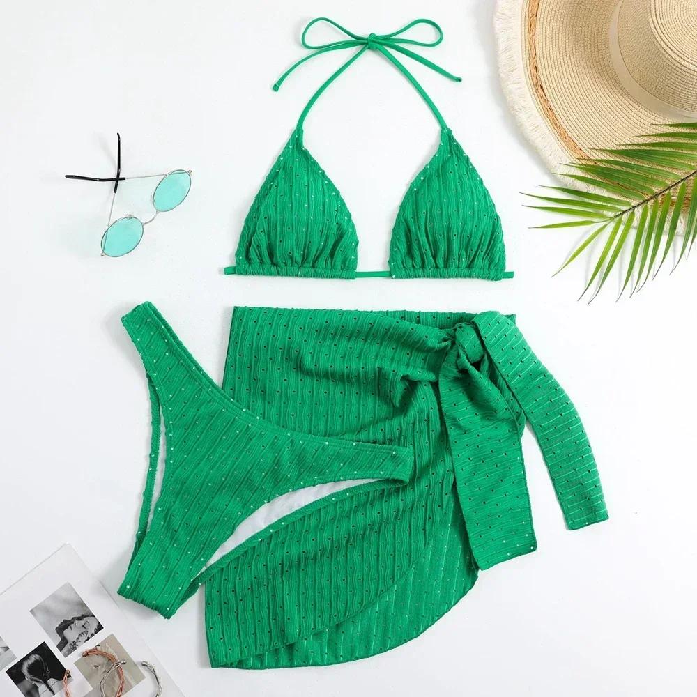 Trendy Women's 3 Piece Halter Bikini Set Sexy Thong Swimsuit Summer Bathing Suit Cover Up Thong