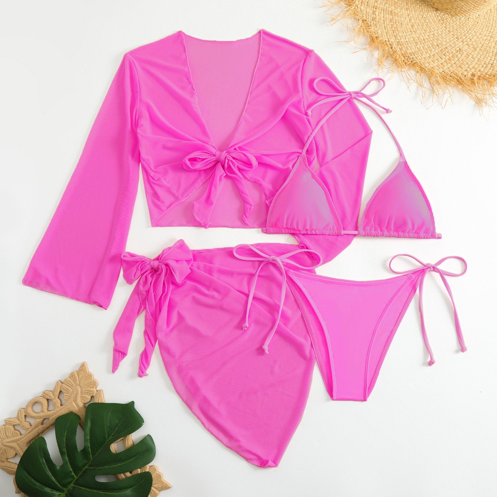 Women pink micro mini string bikini sets 4 pieces with mesh cover tops and skirt swimsuit bathing