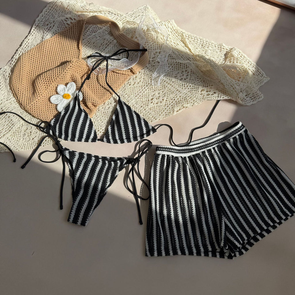 Sexy Green Orange Striped Bikini Set Women Halter Push Up High Waist Panties 3 Piece Swimsuit 2026
