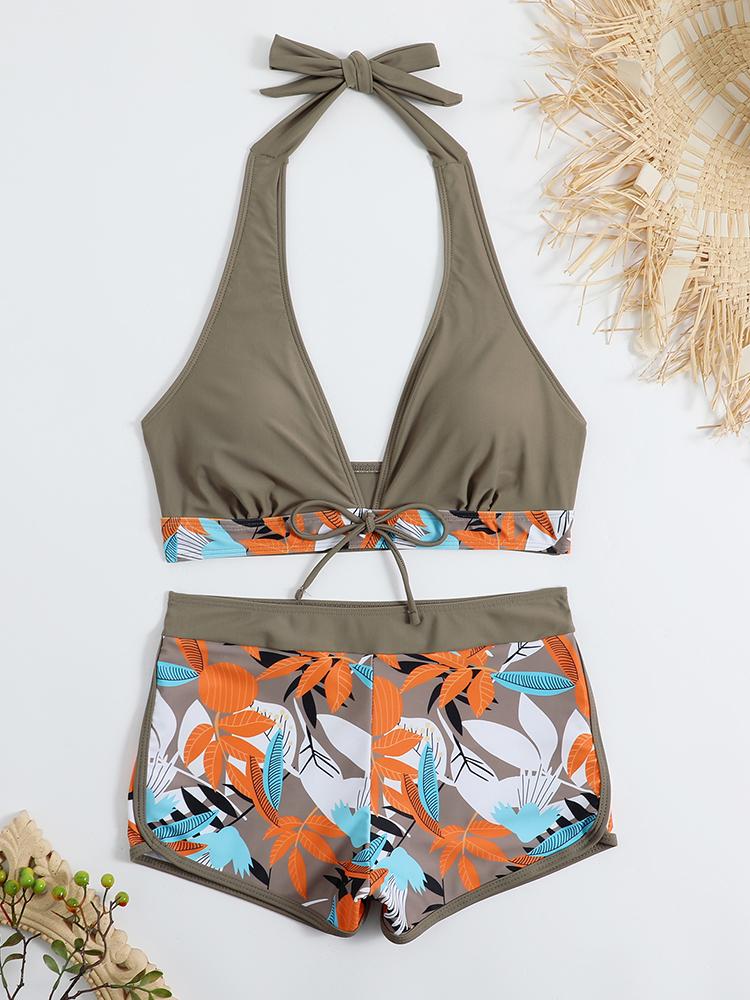 2026 Halter Bikini Set Short Swimsuit Women High Waist Swimwear Female Printed Bathers Swimming