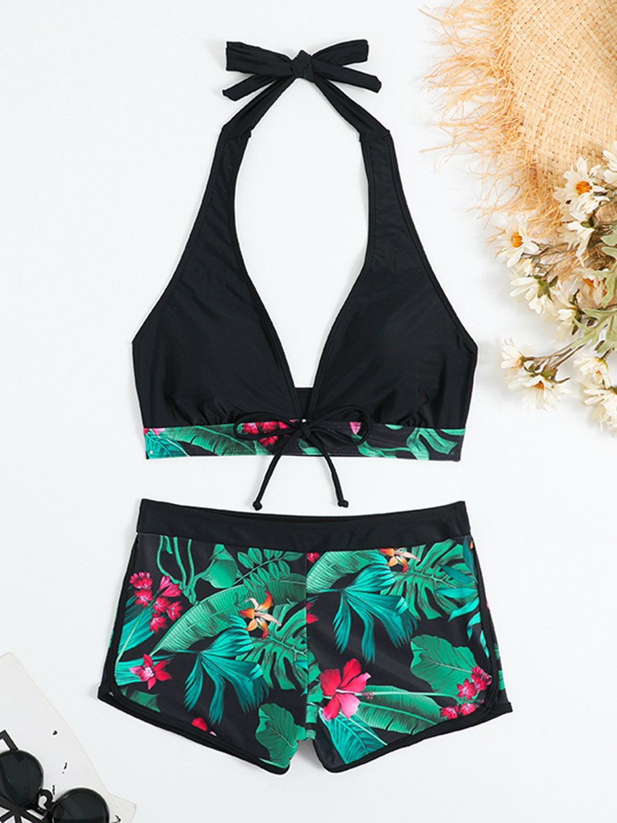 2026 Halter Bikini Set Short Swimsuit Women High Waist Swimwear Female Printed Bathers Swimming