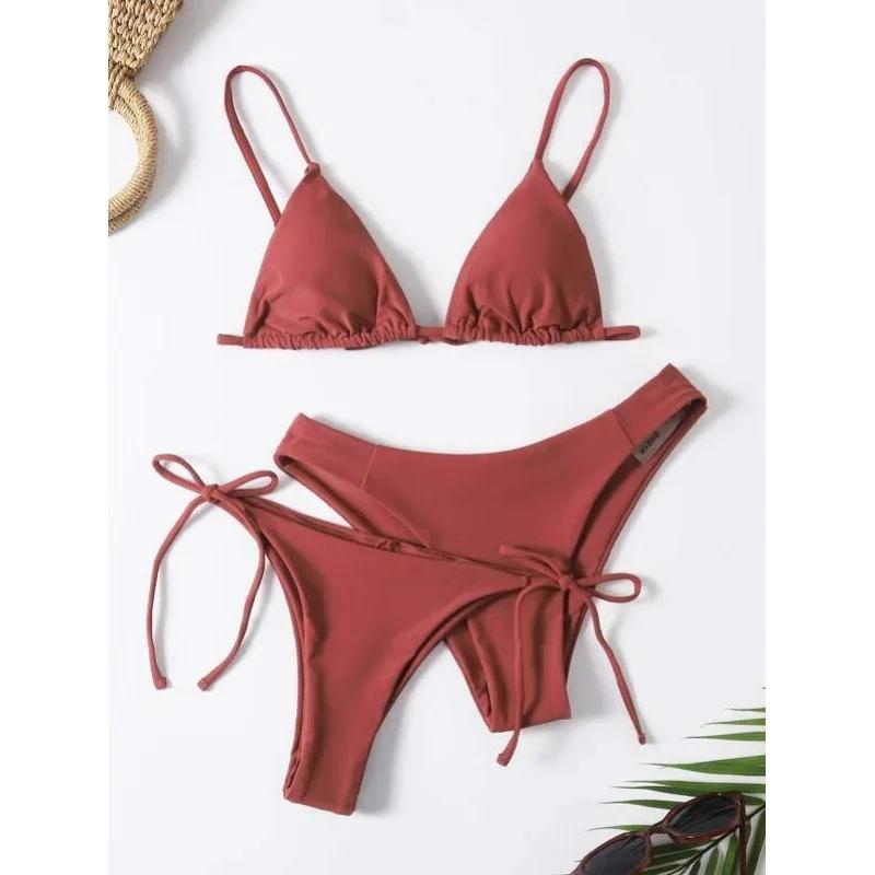 Sexy 3 Piece Bikini Set Women Solid Blue Purple Push Up Bandage Triangle Swimsuit Brazilian Beach