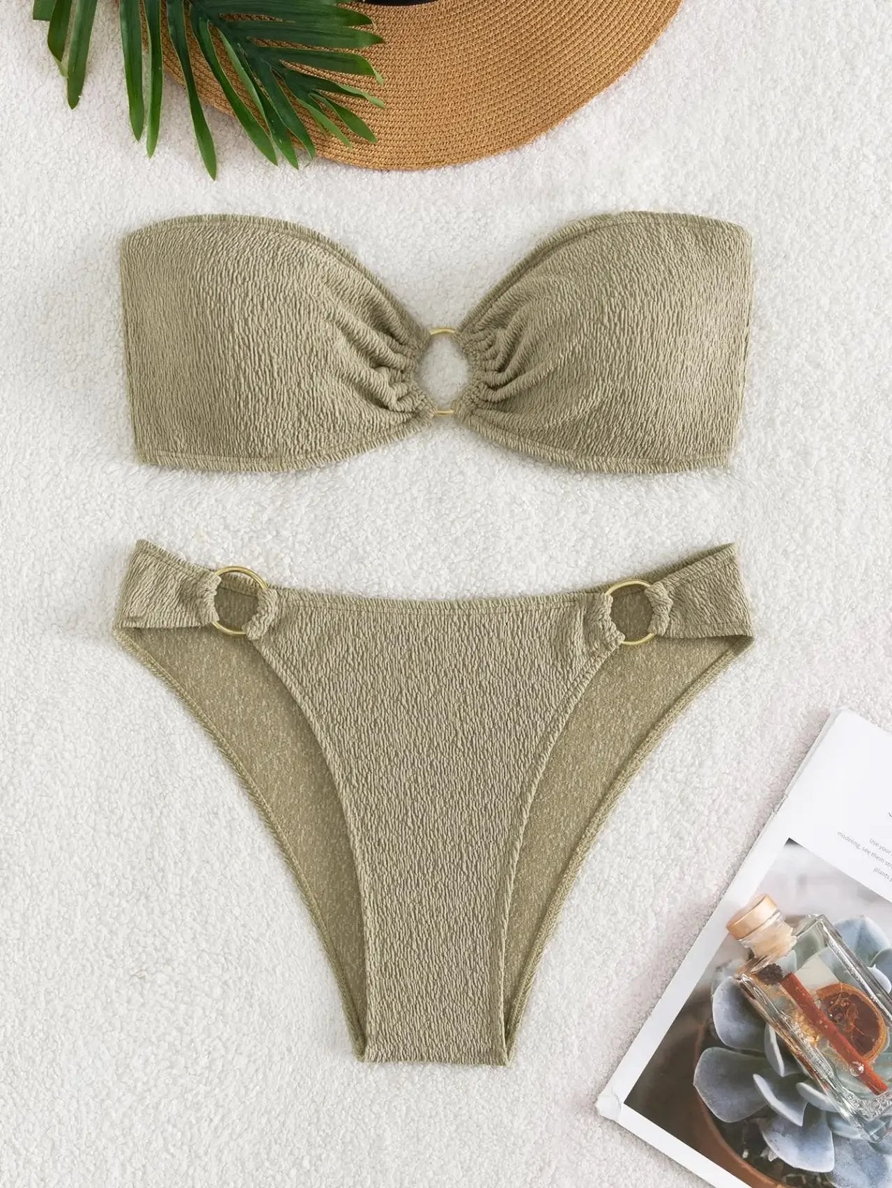 Sexy Bandeau Bikinis Sets Women Metal Ring Linked Push Up Micro Swimsuit 2026 Solid Bathing Suit