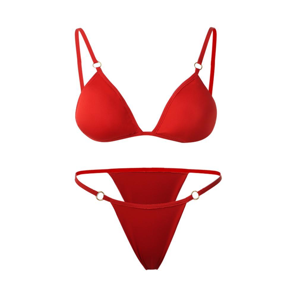 Ladies Sexy Solid Color Sling Bikini Set Metal Buckle Decorated Brazilian Swimwear Beach Vacation
