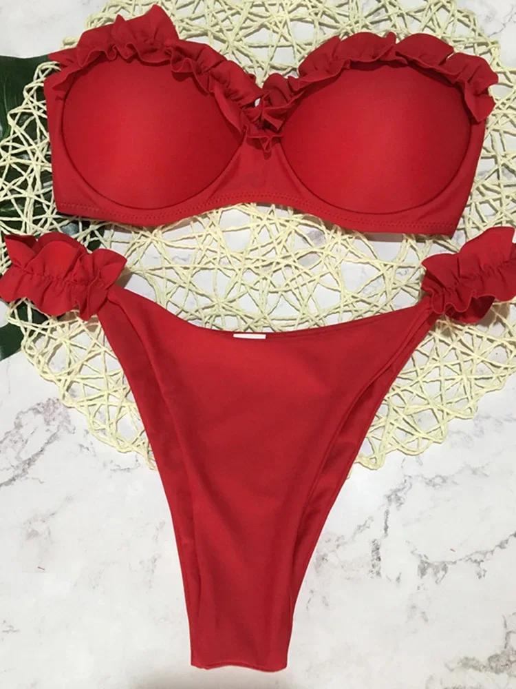 Sexy Ruffled Frilled Bra Cup Bikini 2026 Women Bandeau Swimsuit Female Swimwear Two Pieces Bikini