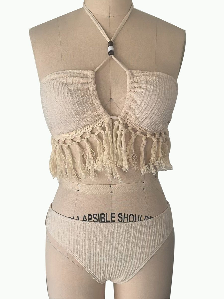 Sexy Tassels Bikini Women's Swimsuit 2026 2 Piece Swimwear Female Outfits Halter Top High Slit Skirt