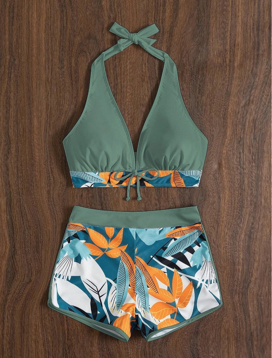 2026 Halter Bikini Set Short Swimsuit Women High Waist Swimwear Female Printed Bathers Swimming
