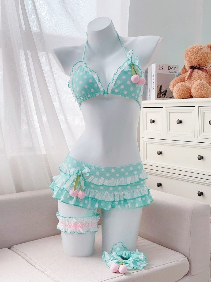 Y2k Sweet Cherry Patchwork Bikini Set Women Sexy Beach Style Polka Dot Print Vacation Pool Party Hot