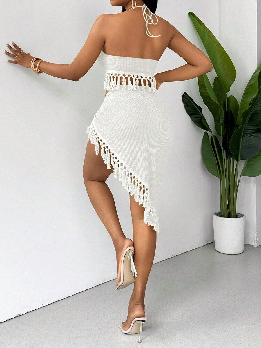 Sexy Tassels Bikini Women's Swimsuit 2026 2 Piece Swimwear Female Outfits Halter Top High Slit Skirt