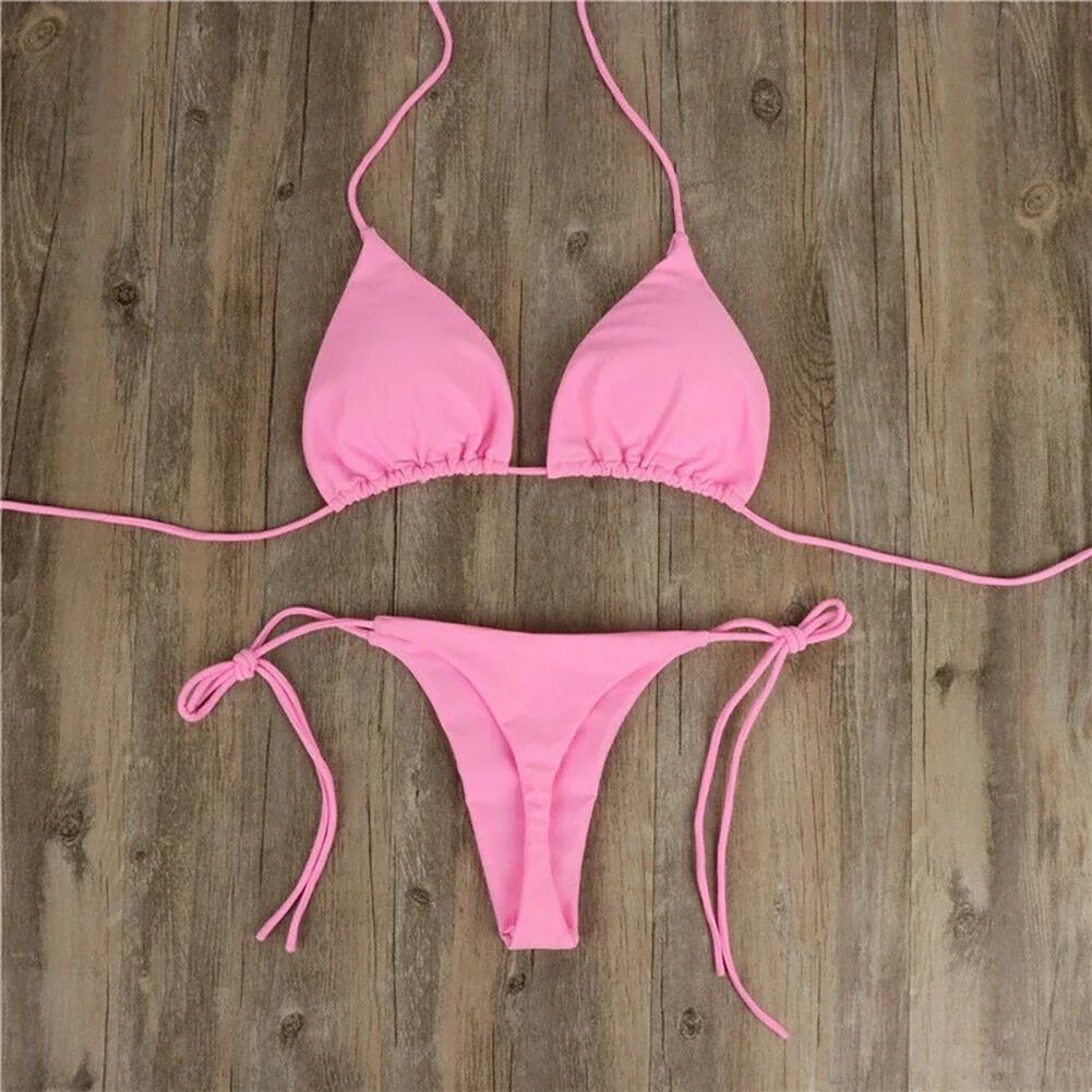 2 Pcs/Set Bikini Set Sexy Bikinis Bathing Suit Solid Color Halter Neck Strap Thong Women Swimsuit