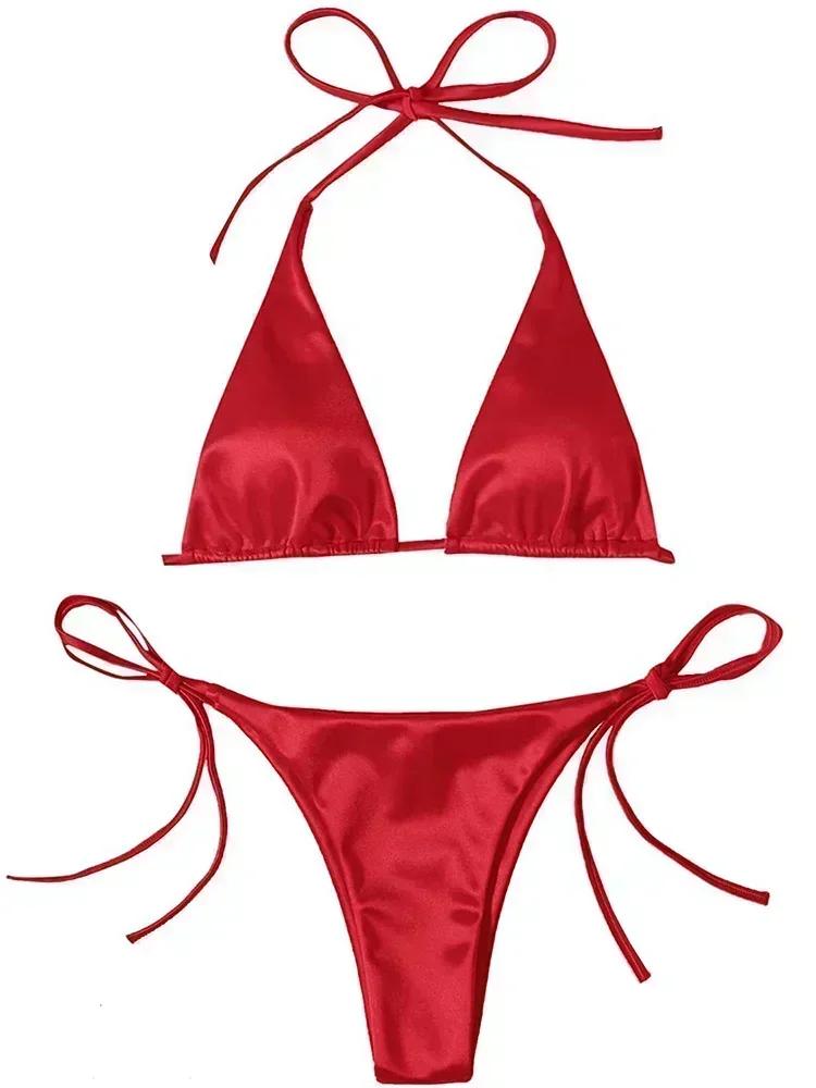 Halter Brazilian Metallic Satin Bikini Women Swimwear Female Swimsuit Two-pieces Bikini Set High Cut