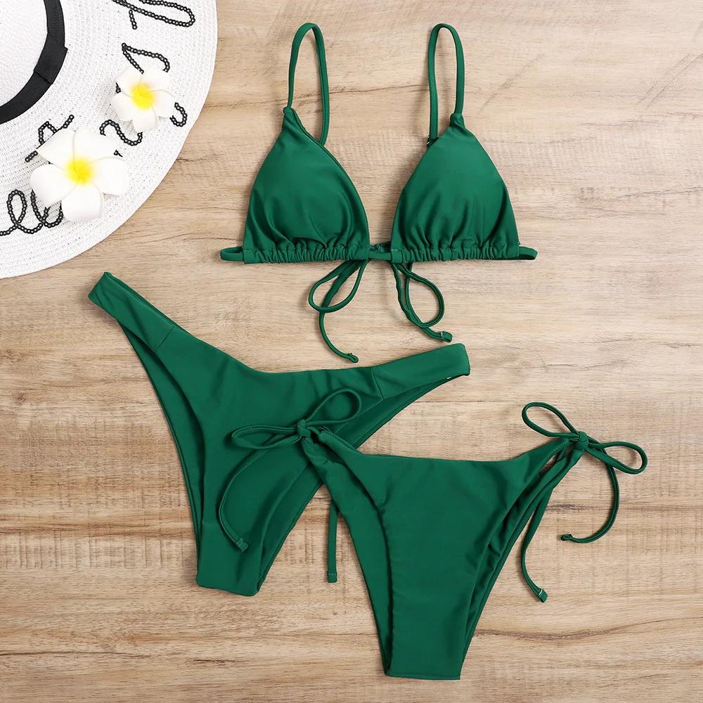 Sexy 3 Piece Bikini Set Women Solid Blue Purple Push Up Bandage Triangle Swimsuit Brazilian Beach