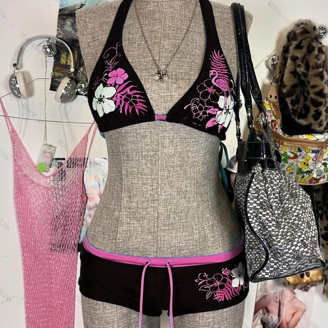 UETEEY 2026 New Summer Swimwear Bikinis Set Sexy Printed Lace Back Naked Bikini 2 Pieces Set Women's