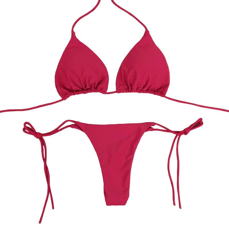 Solid Color Tie-Side G-String Bikini Set Breathtaking Bathing Suit with Feminine Bandage Design Sexy