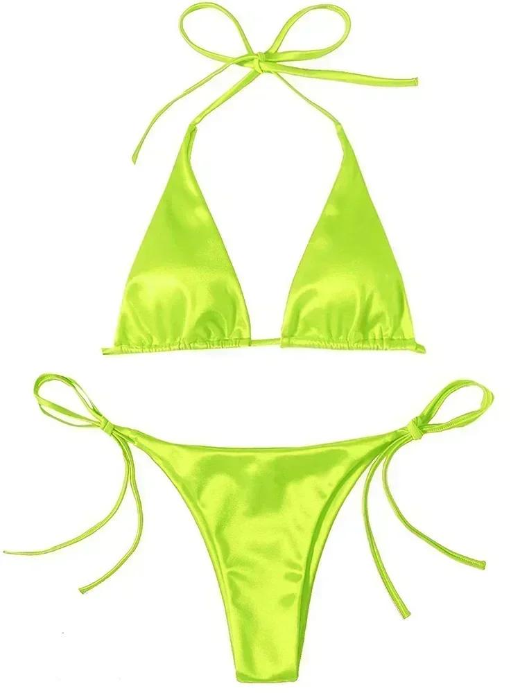 Halter Brazilian Metallic Satin Bikini Women Swimwear Female Swimsuit Two-pieces Bikini Set High Cut
