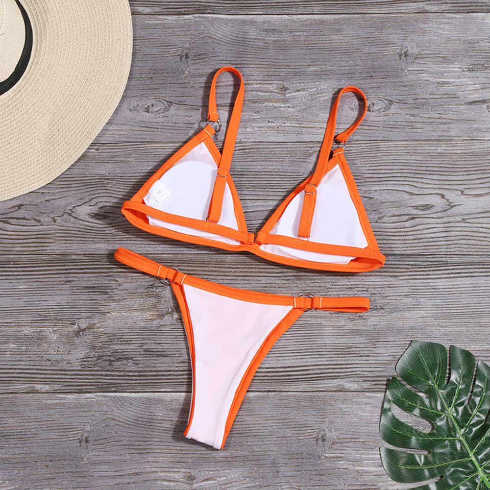 Ladies Sexy Solid Color Sling Bikini Set Metal Buckle Decorated Brazilian Swimwear Beach Vacation