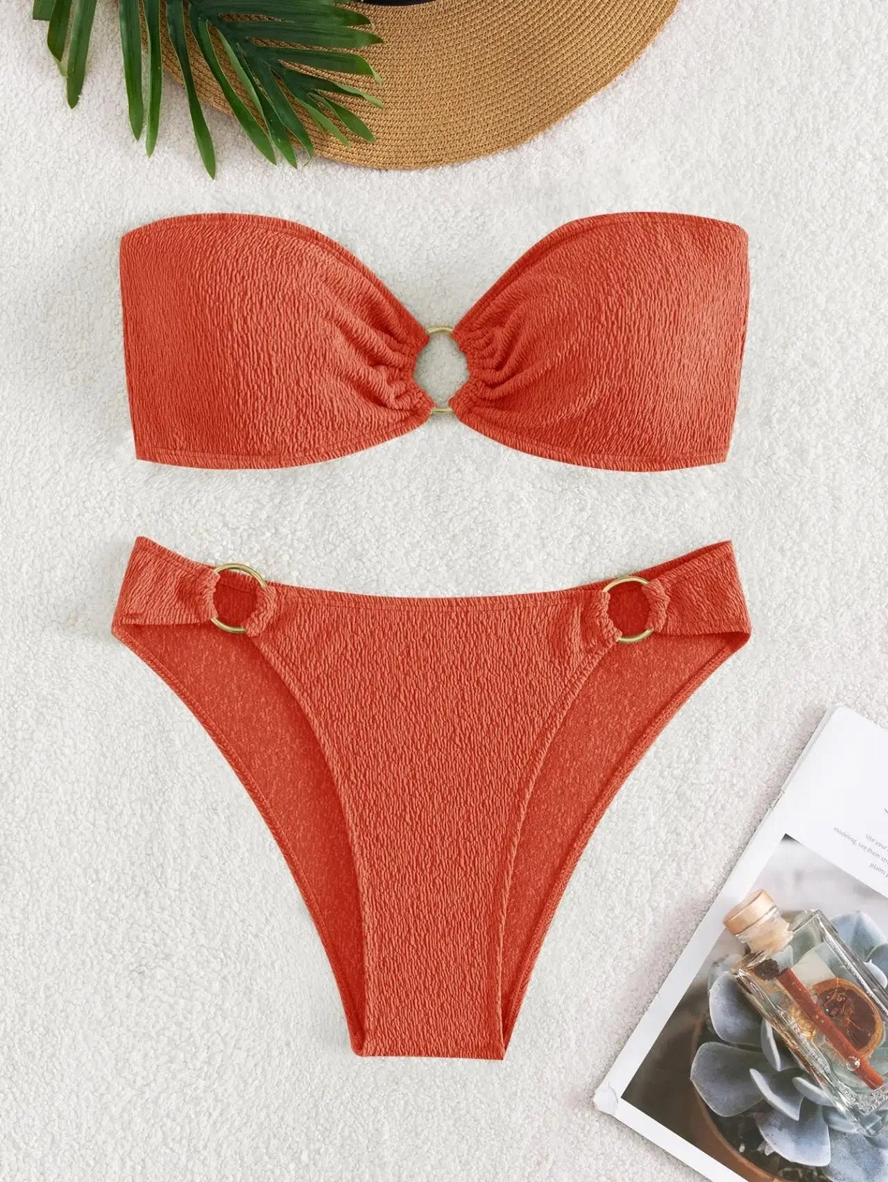 Sexy Bandeau Bikinis Sets Women Metal Ring Linked Push Up Micro Swimsuit 2026 Solid Bathing Suit