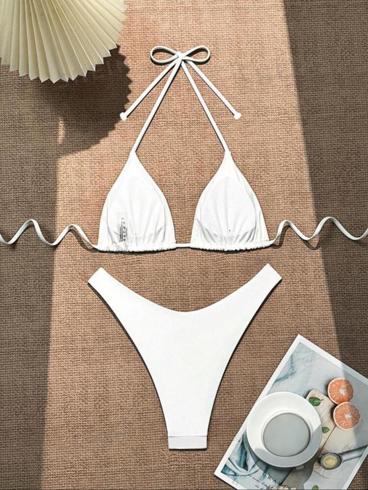 2026 Women White Bikini Chest Padded New Sexy Halter Bikini Two-Piece Set With Drawstring Straps